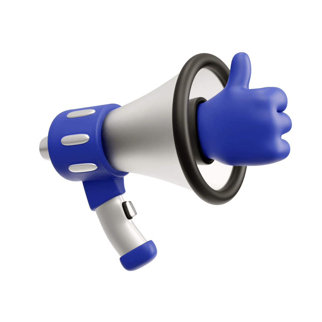 A blue megaphone with a blue thumbs up sticking out