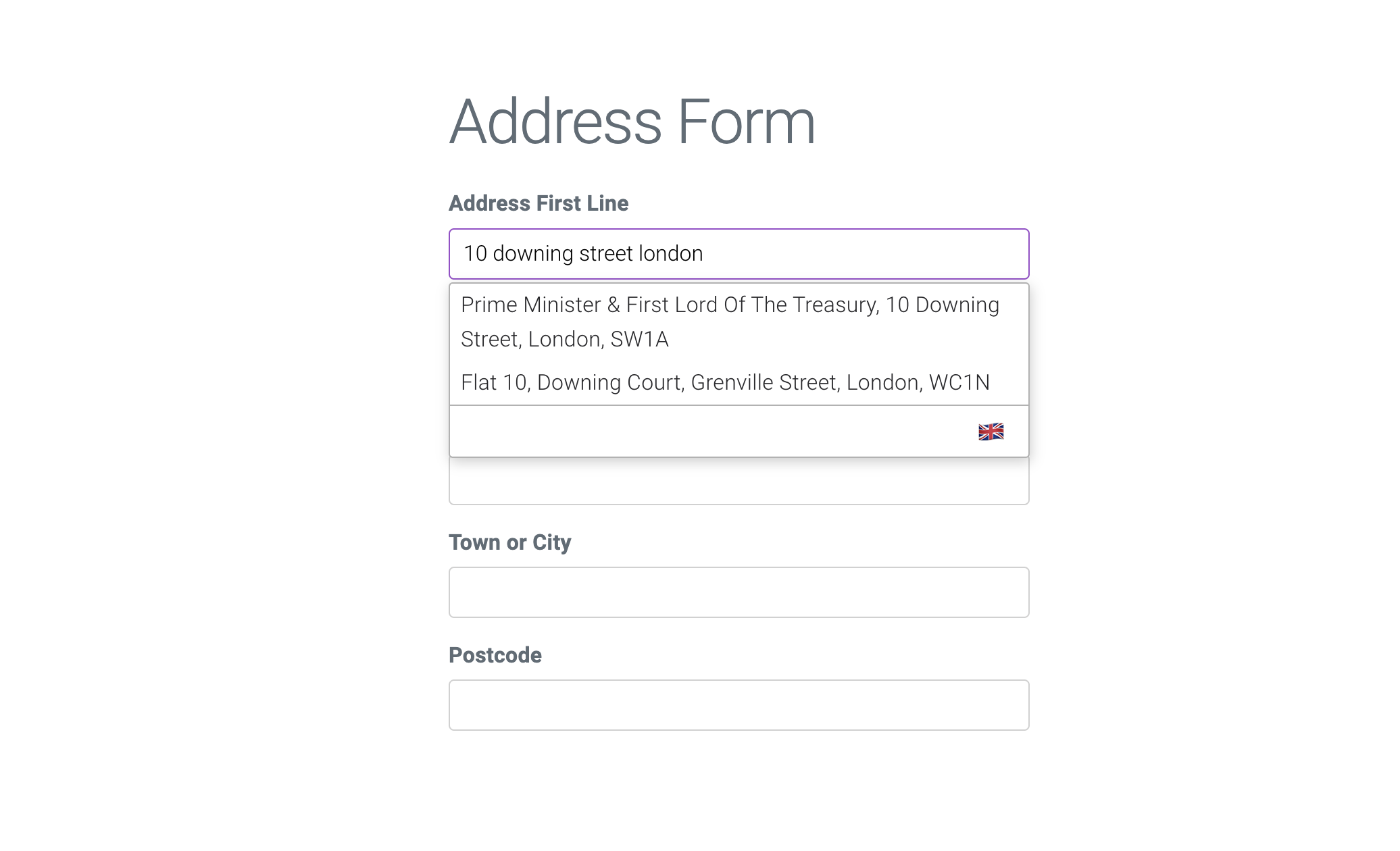 Address Finder showing a suggested address as a user types. Selecting the result fills the form automatically