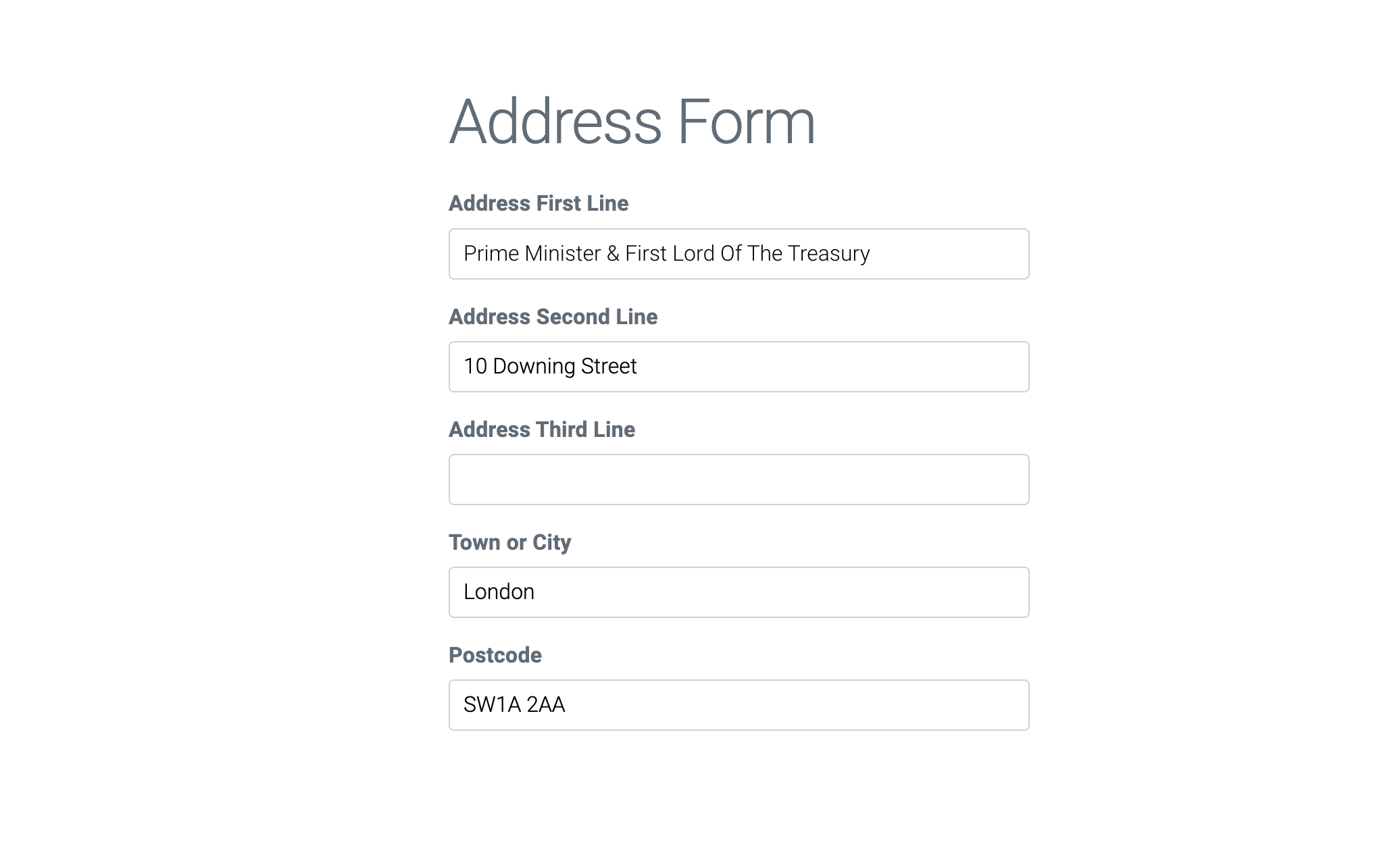 Address form auto-filled with a verified UK address after selection of the address; showing 10 Downing Street, London, SW1A 2AA